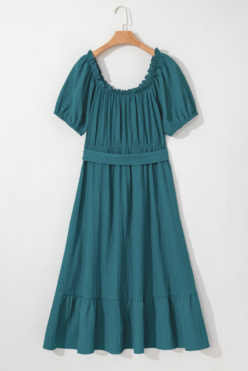 Plus Size Skobeloff Frilled U Neck Puff Sleeve Belted Ruffle Hem  Midi Dress