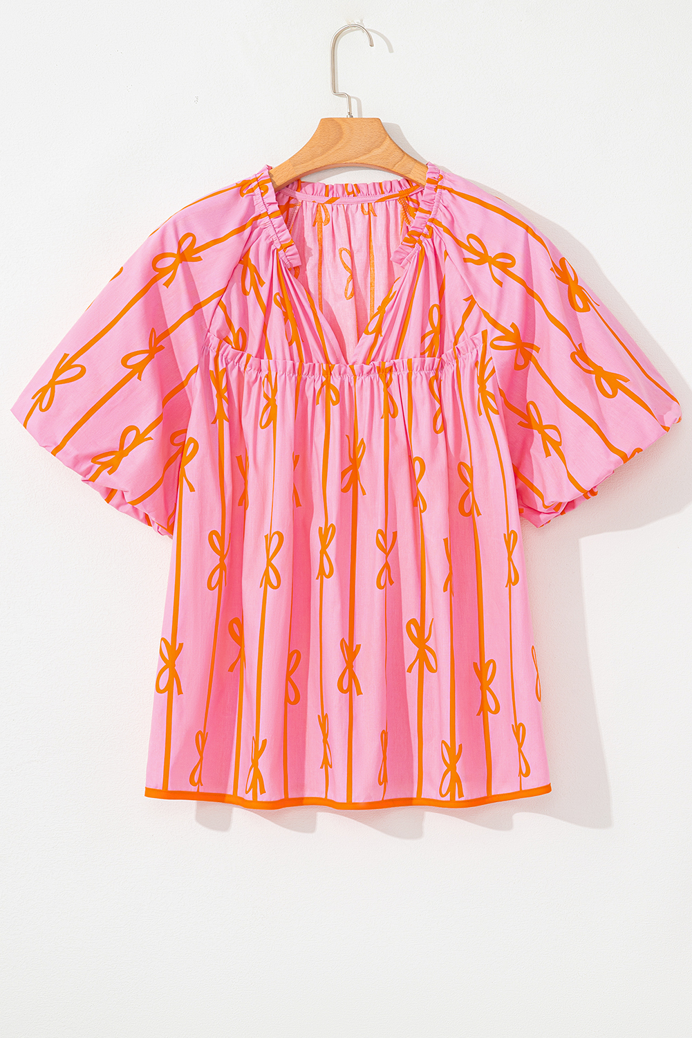 Plus Size Rose Bowknot Print Shirred V Neck Puff Sleeve  Blouse