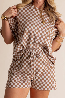Plus Size Brown  Checkerboard Print Side Slim Tee Shorts Set