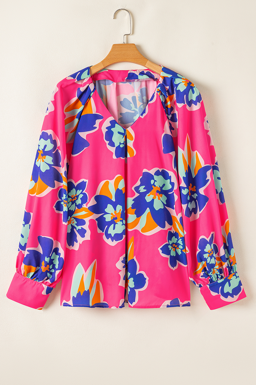 Plus Size Rose Floral Pattern V Neck Balloon Sleeve  Blouse