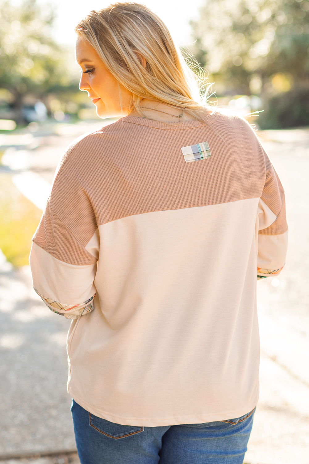 Plus Size Parchment  Plaid Patchwork Layered Henley Top