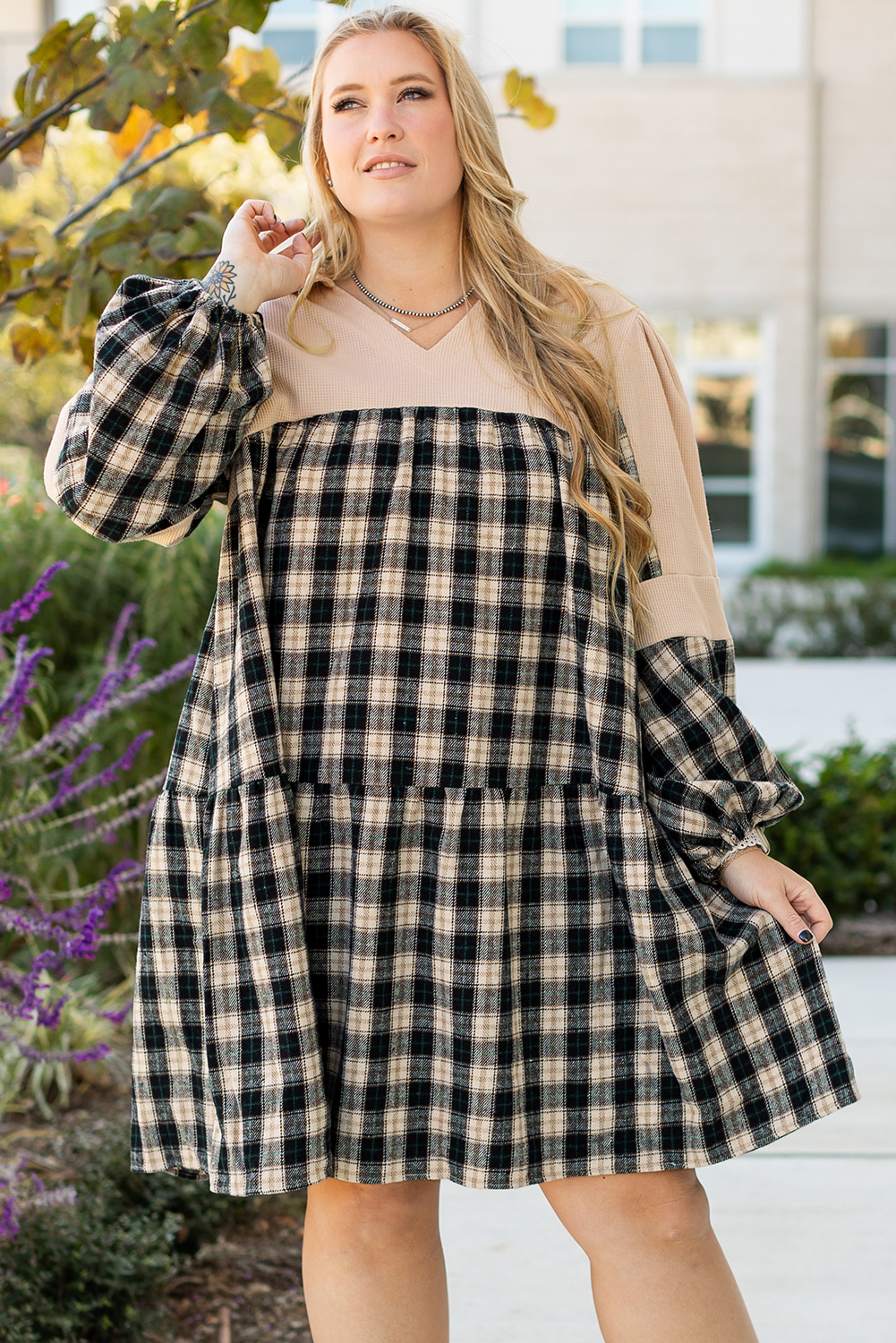 Plus Size Black Plaid Waffle Knit Patchwork Collared V Neck  Mini Dress