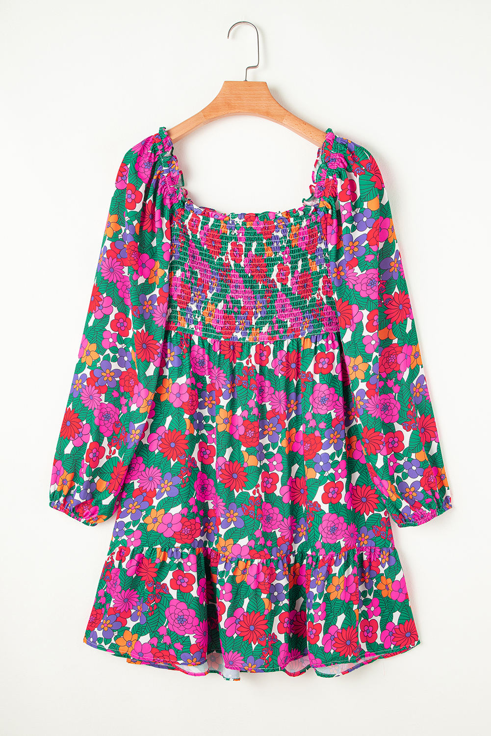 Plus Size White  Floral Frilled Square Neck Shirred Long Sleeve Dress