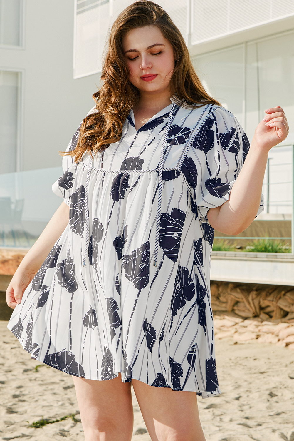 Plus Size Black  Floral 3/4 Puff Sleeve Lace-up Neck Mini Dress