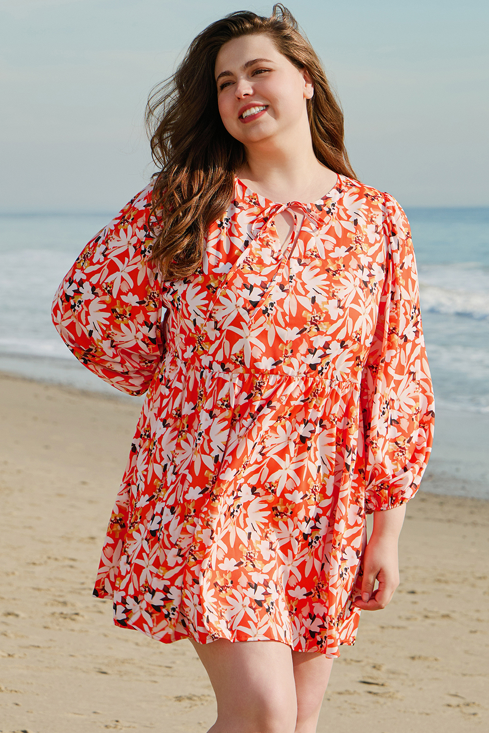 Plus Size Orange Floral Print Split V Neck Bubble Sleeve  Midi Dress