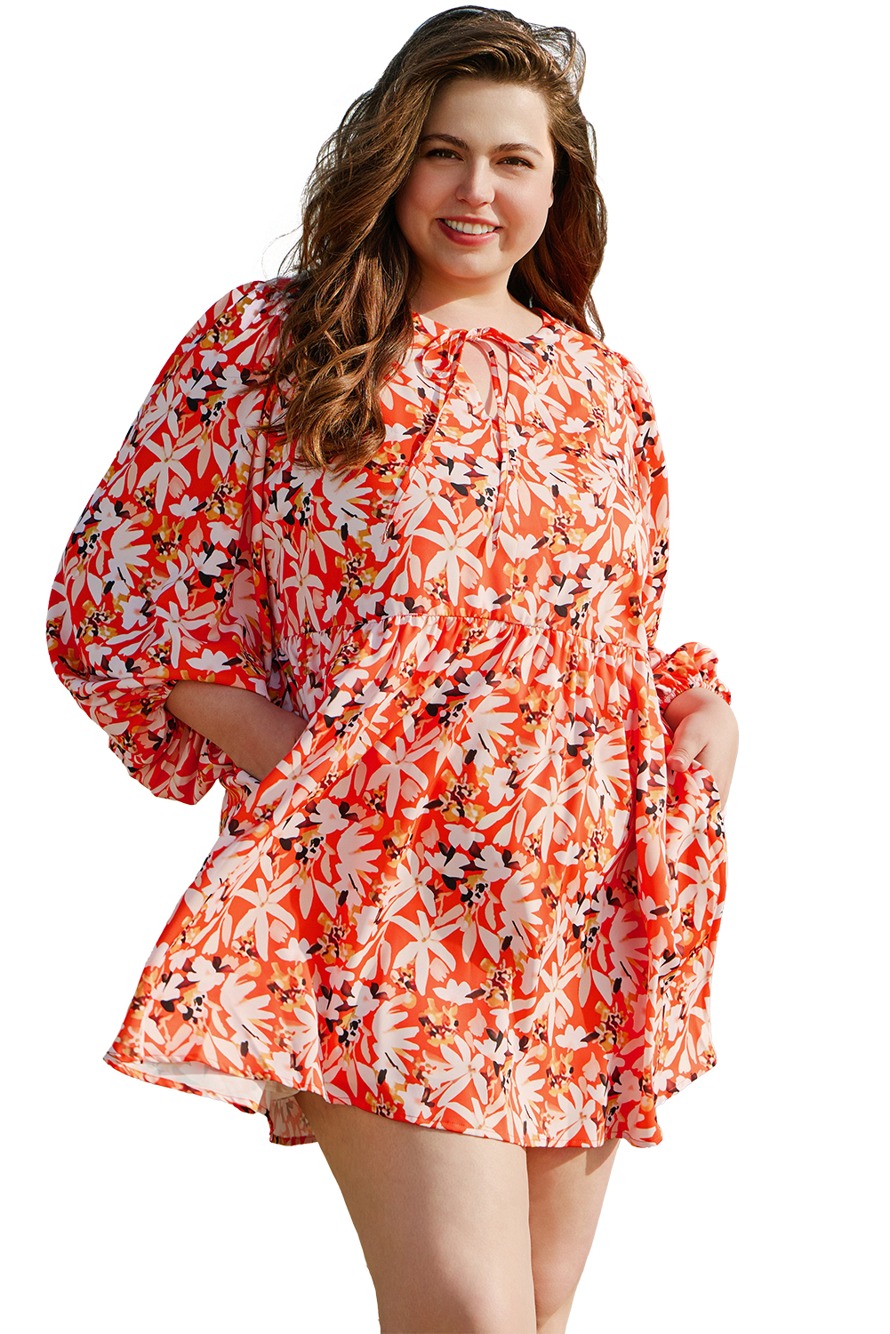 Plus Size Orange Floral Print Split V Neck Bubble Sleeve  Midi Dress