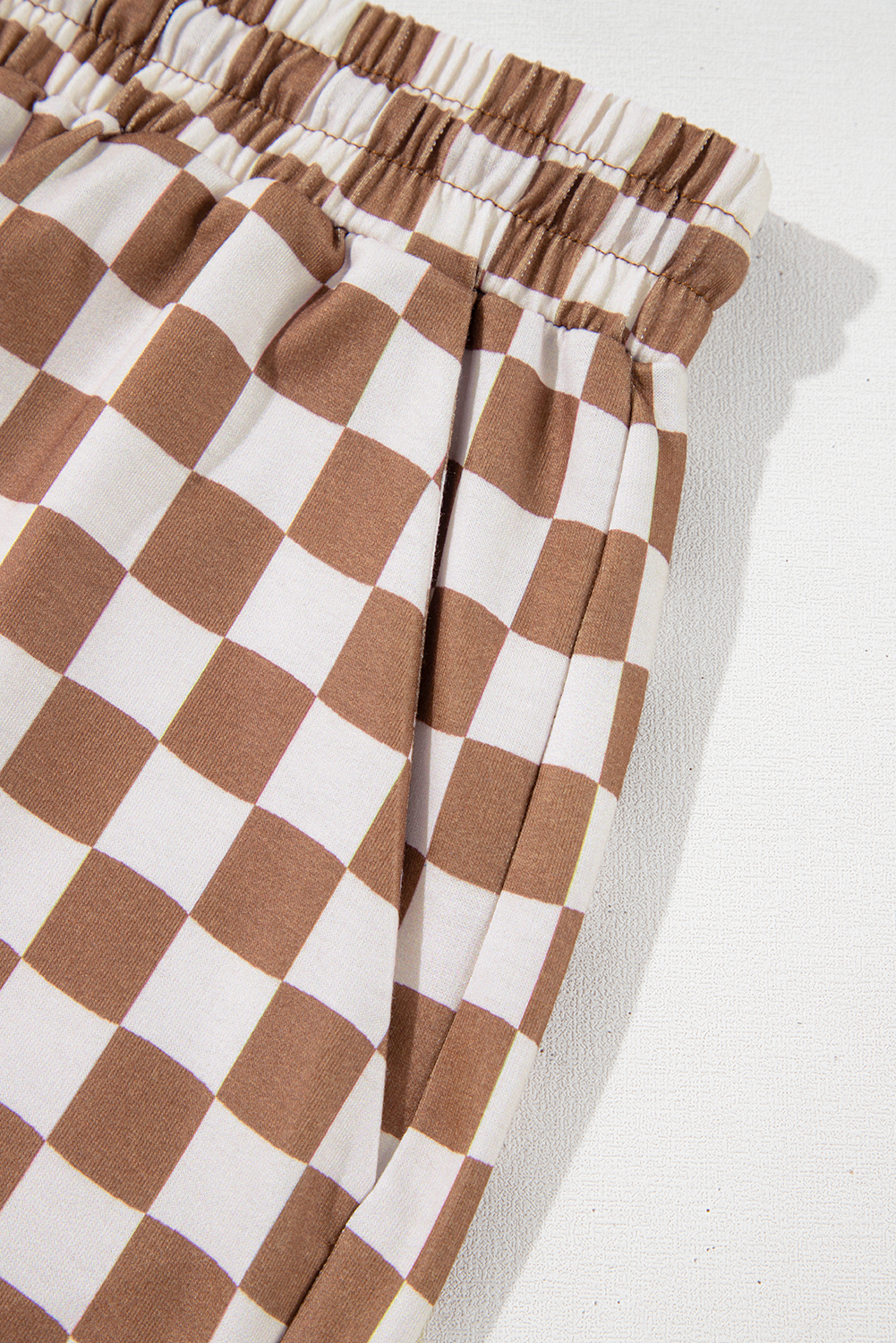 Plus Size Brown  Checkerboard Print Side Slim Tee Shorts Set