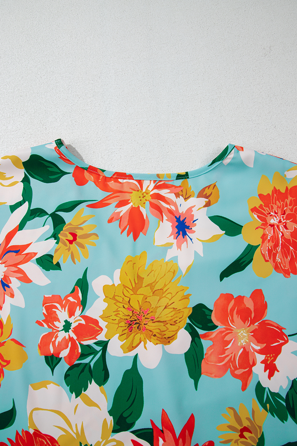 Plus Size Sky Blue  Floral Print V Neck Batwing Sleeve Blouse