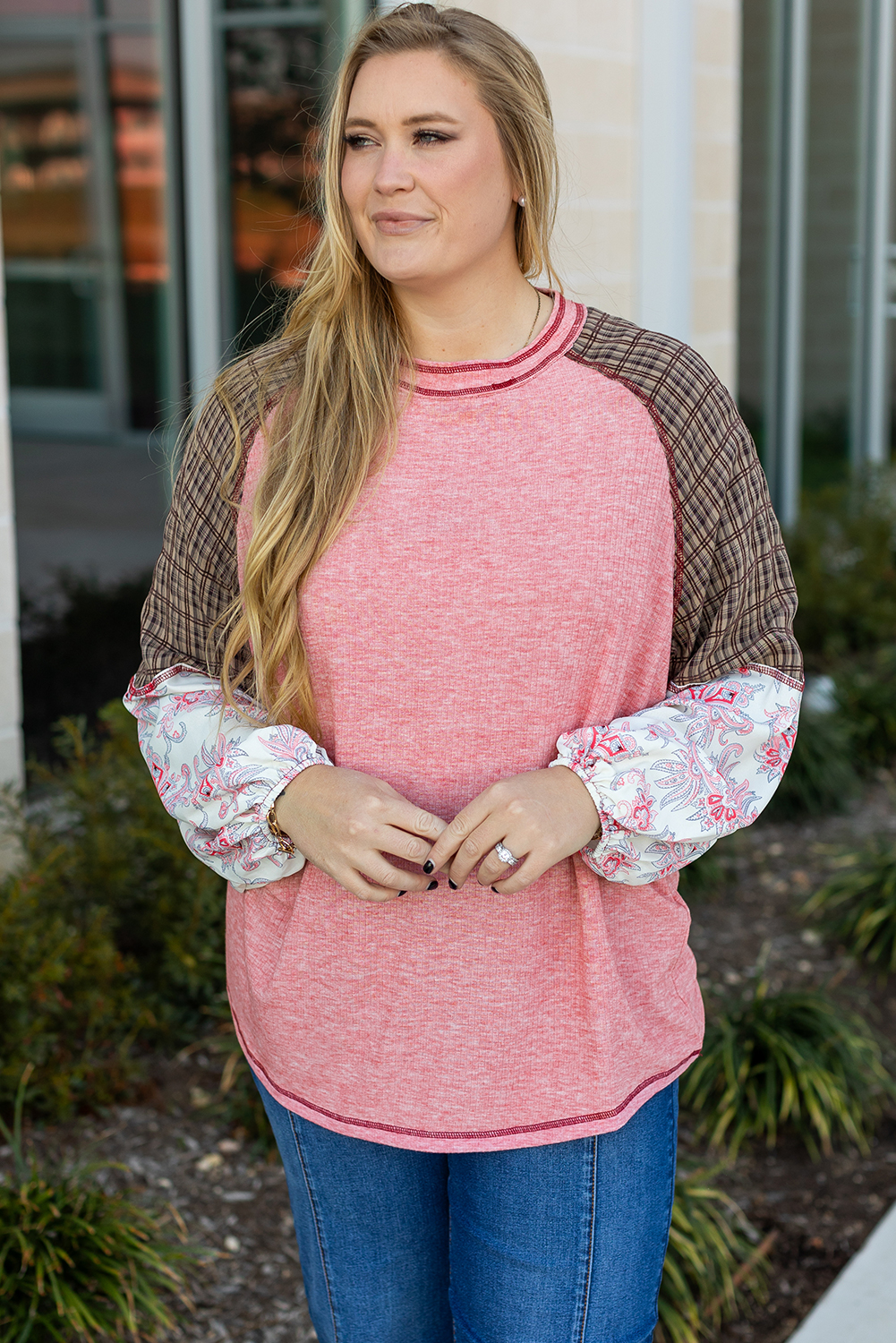 Plus Size Pink Checkered Paisley Patchwork Raglan Sleeve Seamed  Top