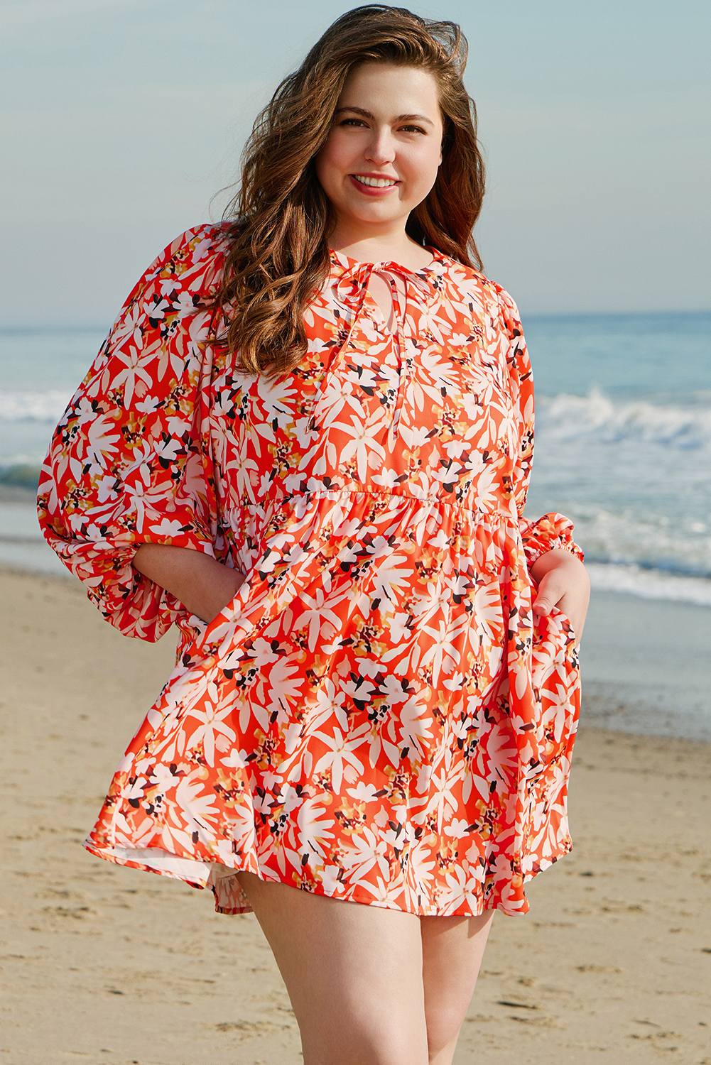 Plus Size Orange Floral Print Split V Neck Bubble Sleeve  Midi Dress