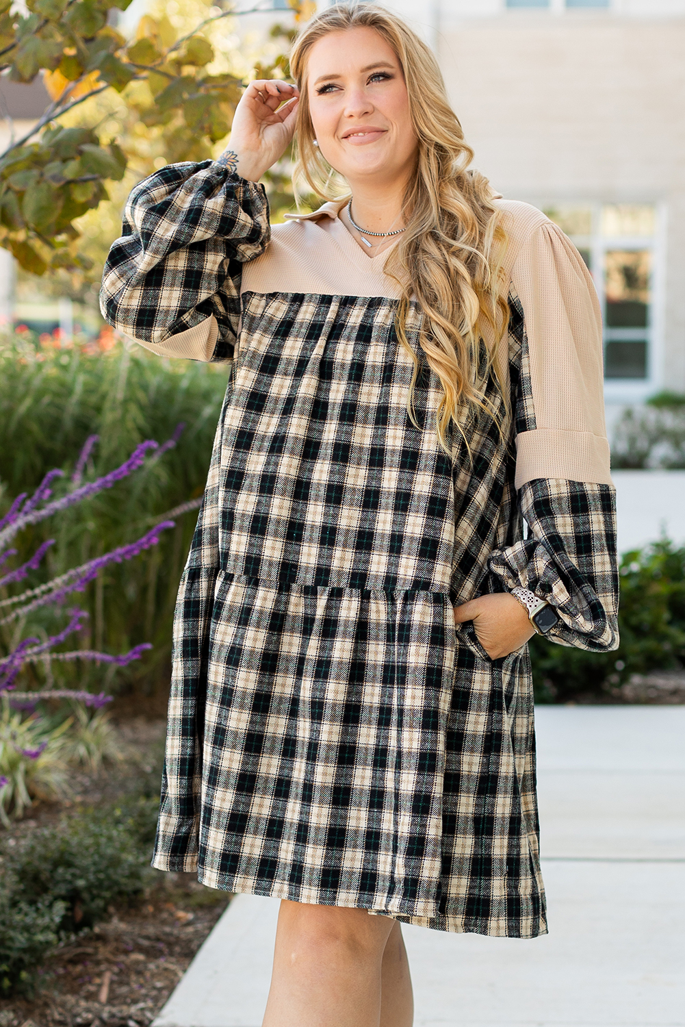 Plus Size Black Plaid Waffle Knit Patchwork Collared V Neck  Mini Dress
