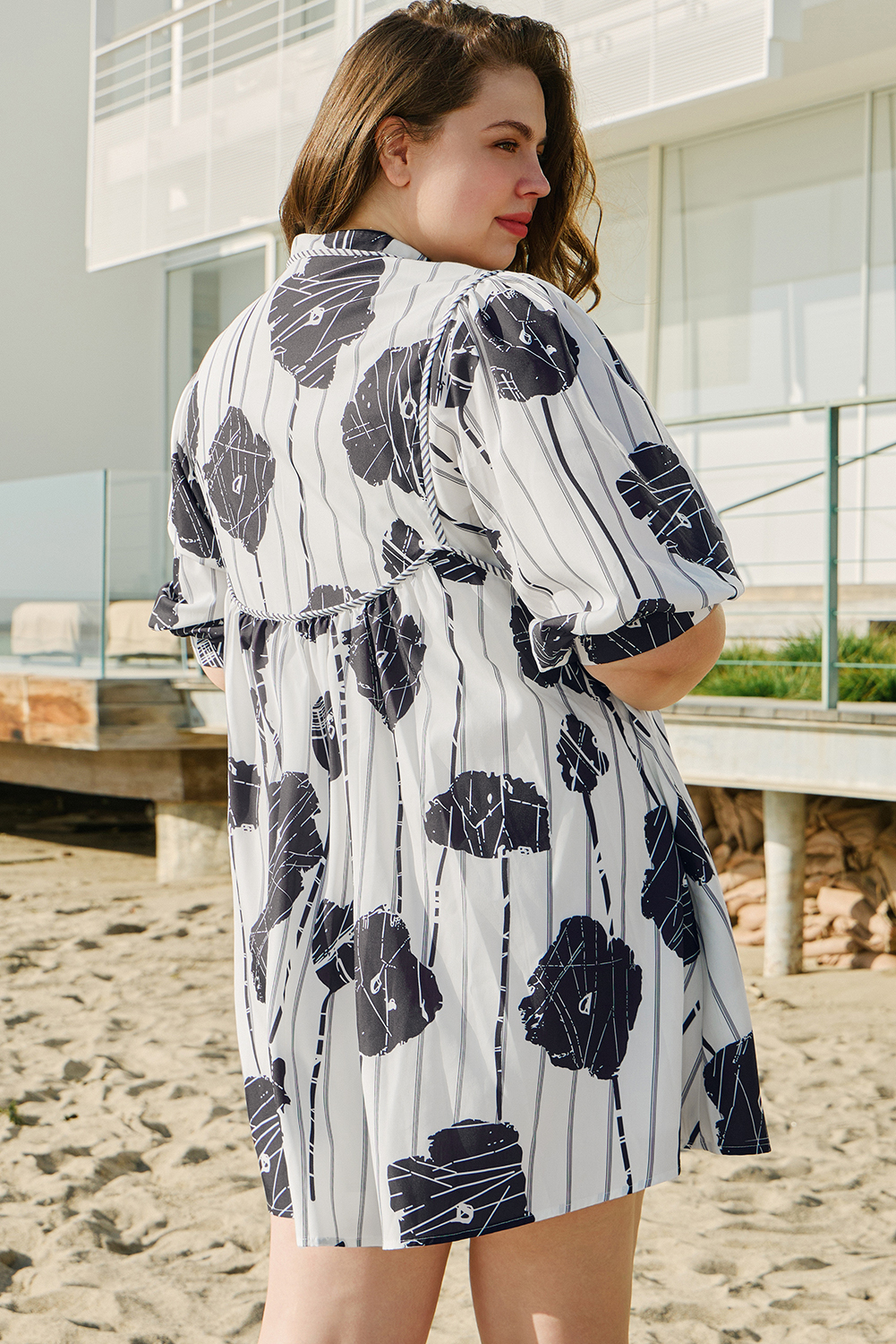 Plus Size Black  Floral 3/4 Puff Sleeve Lace-up Neck Mini Dress