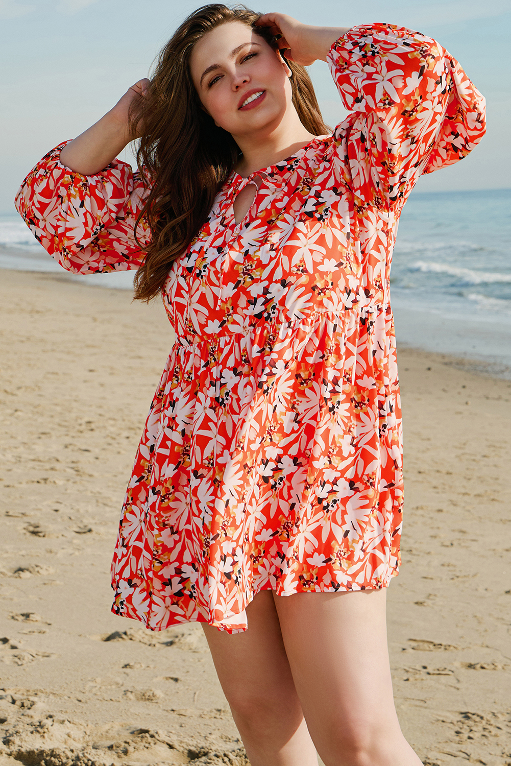 Plus Size Orange Floral Print Split V Neck Bubble Sleeve  Midi Dress