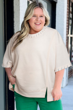 Plus Size Beige Pearl Decor Crew Neck Half Sleeve  T Shirt