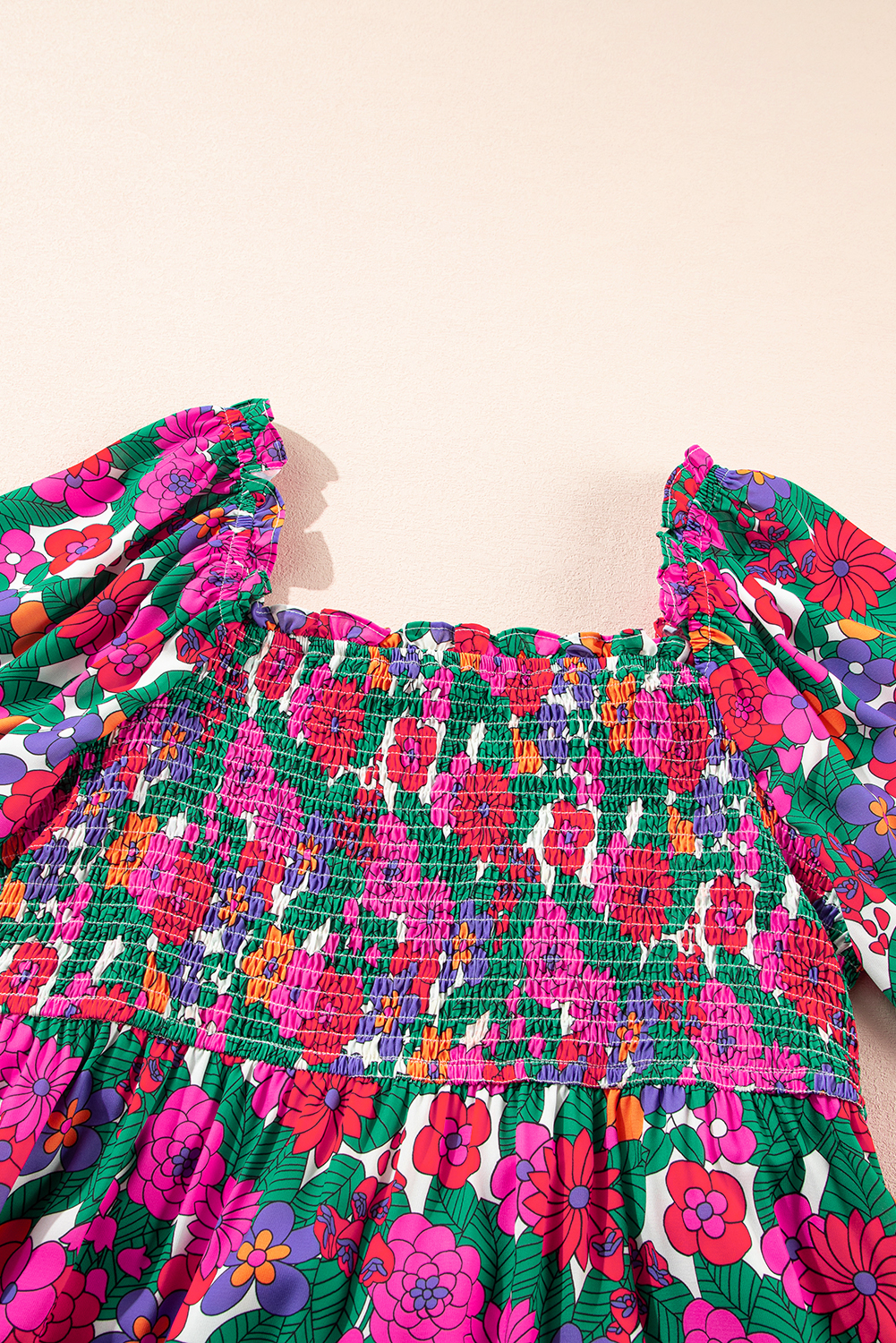 Plus Size White  Floral Frilled Square Neck Shirred Long Sleeve Dress