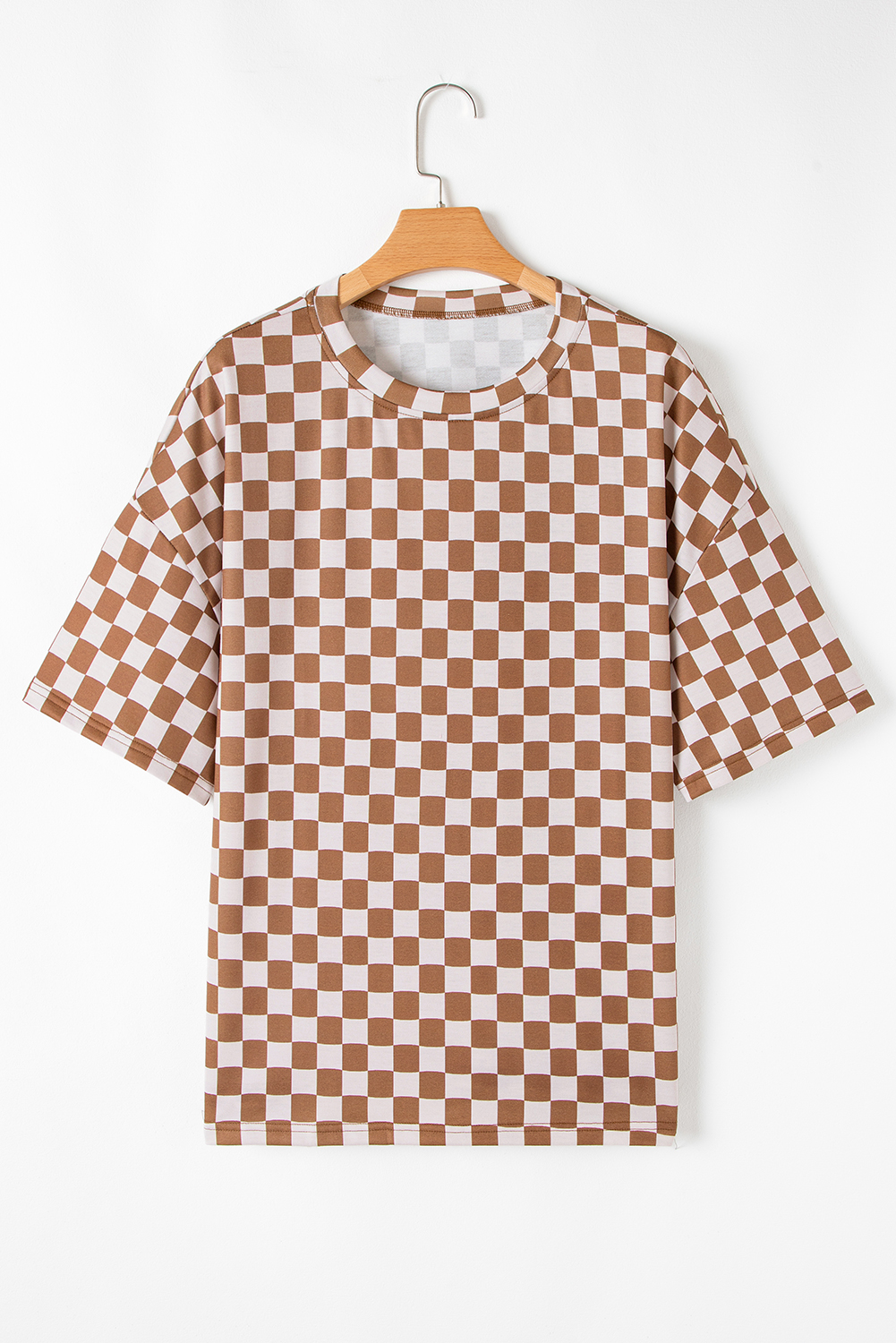Plus Size Brown  Checkerboard Print Side Slim Tee Shorts Set