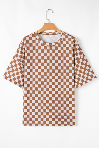 Plus Size Brown  Checkerboard Print Side Slim Tee Shorts Set