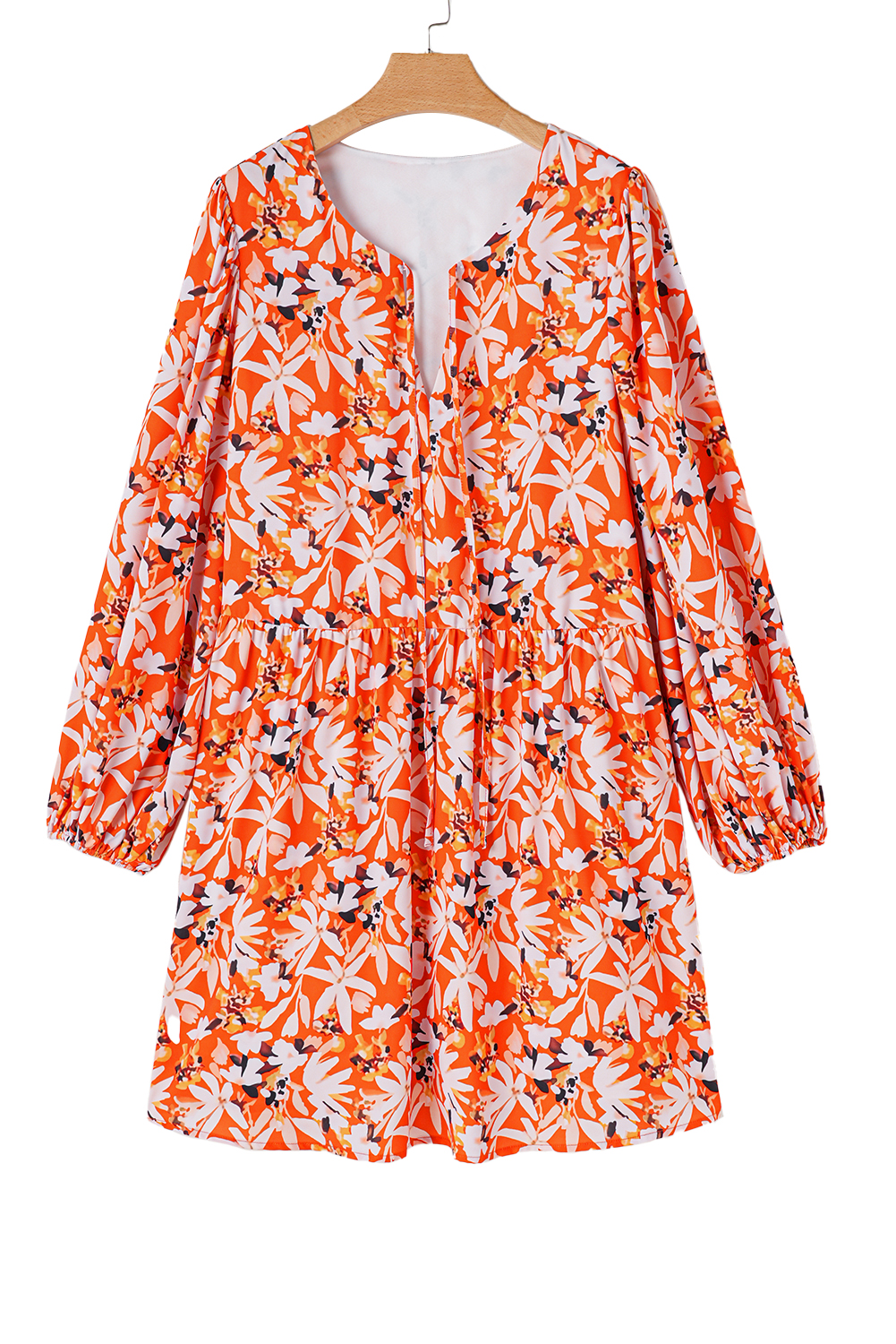 Plus Size Orange Floral Print Split V Neck Bubble Sleeve  Midi Dress