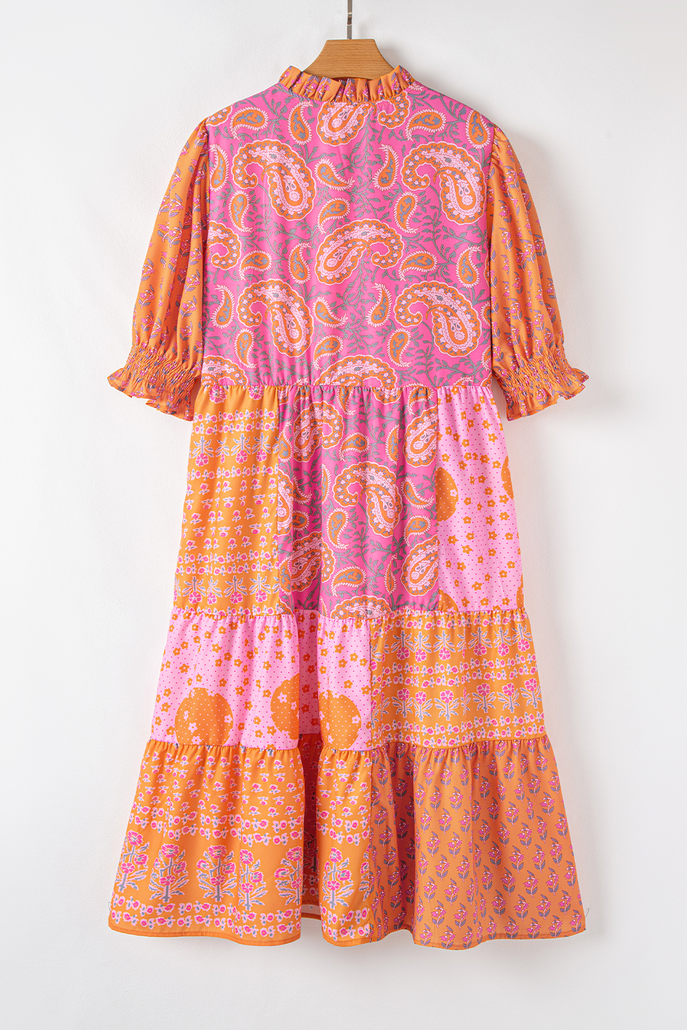 Plus Size Pink Boho Paisley Floral Mixed Patchwork Tassel Tie  Midi Dress