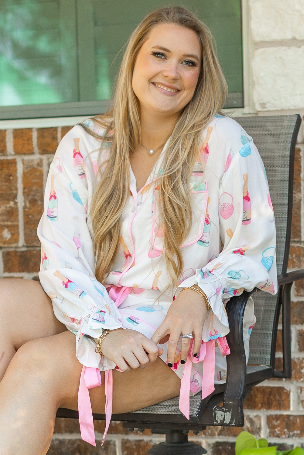 Plus Size White  Wine Glass Print Bow Knot Pajama Set