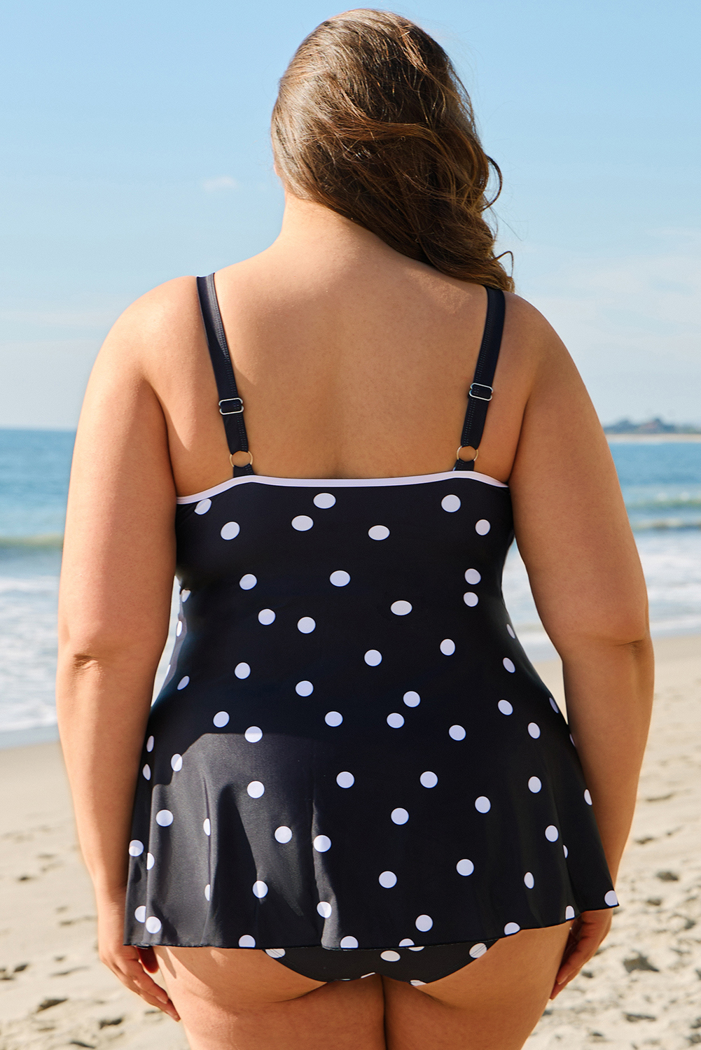 Plus Size Black Polka Dot Trim V Neck  Swim Dress