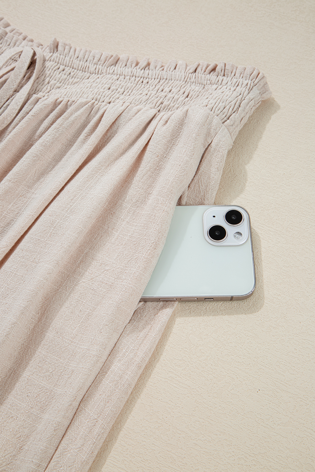 Plus Size Beige Smocked High Waist Wide Leg  Pants