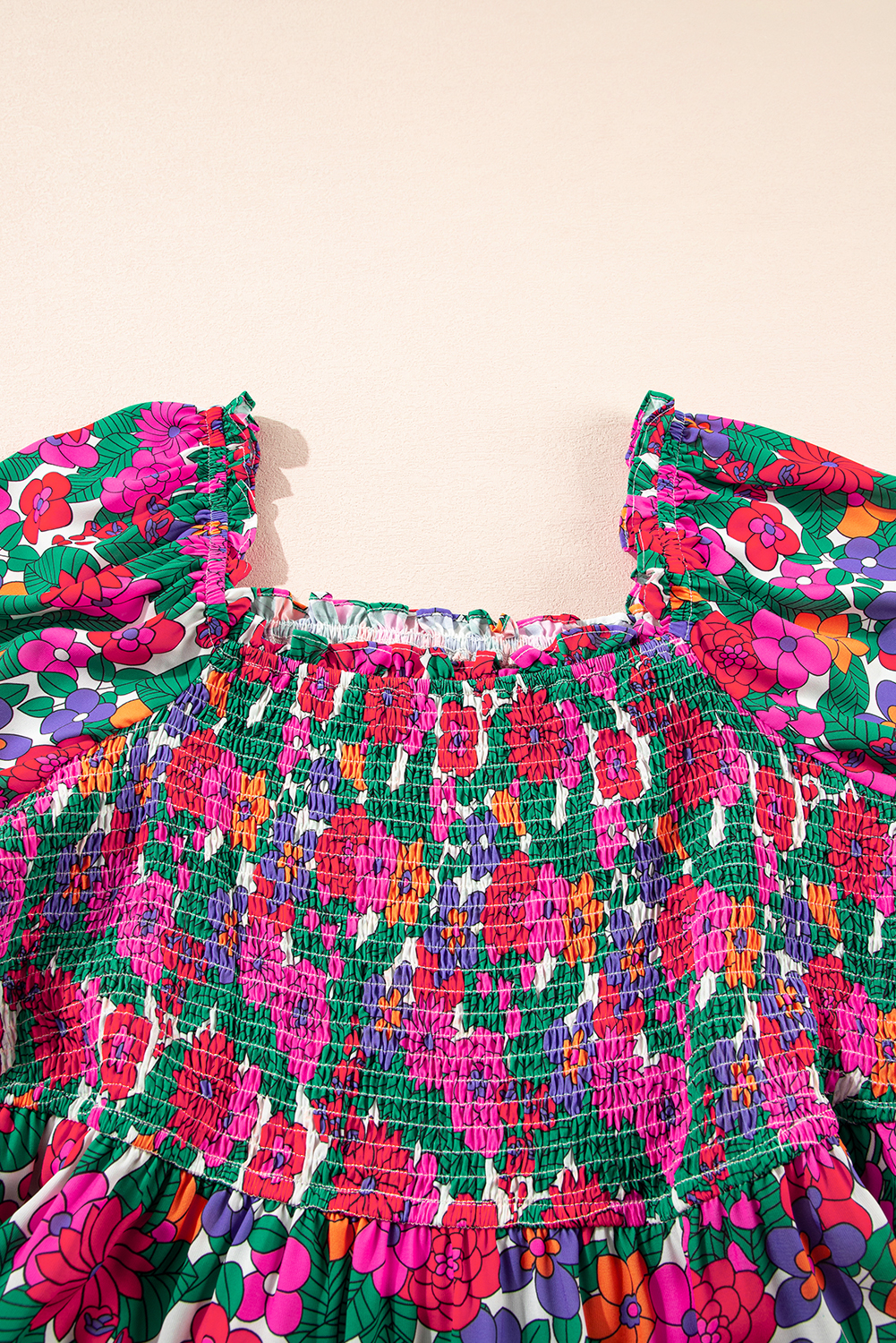 Plus Size White  Floral Frilled Square Neck Shirred Long Sleeve Dress