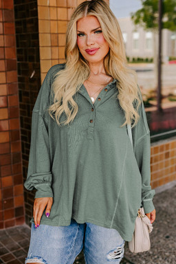 Plus Size Seagrass  Exposed Seam Drop Shoulder Henley Top