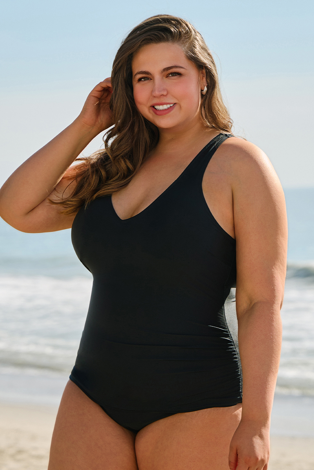 Plus Size Black Solid Color U Neck Padded  One Piece Swimsuit