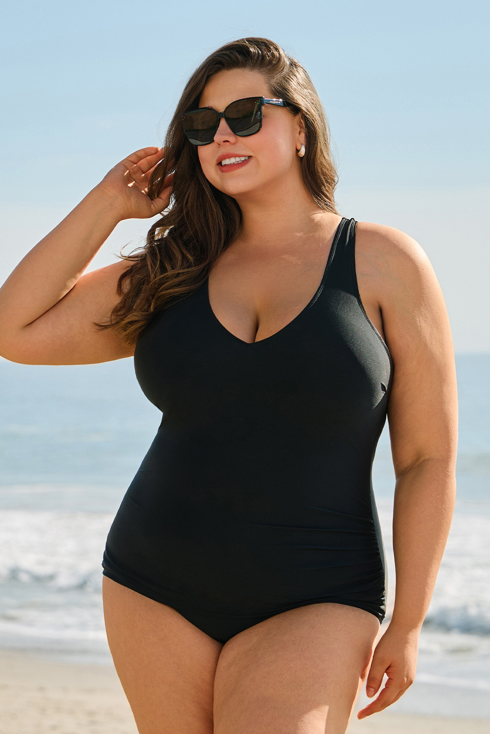 Plus Size Black Solid Color U Neck Padded  One Piece Swimsuit
