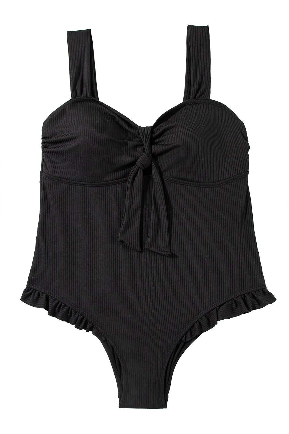Plus Size Black  Textured Knotted Ruffled Trim One Piece Swimwear