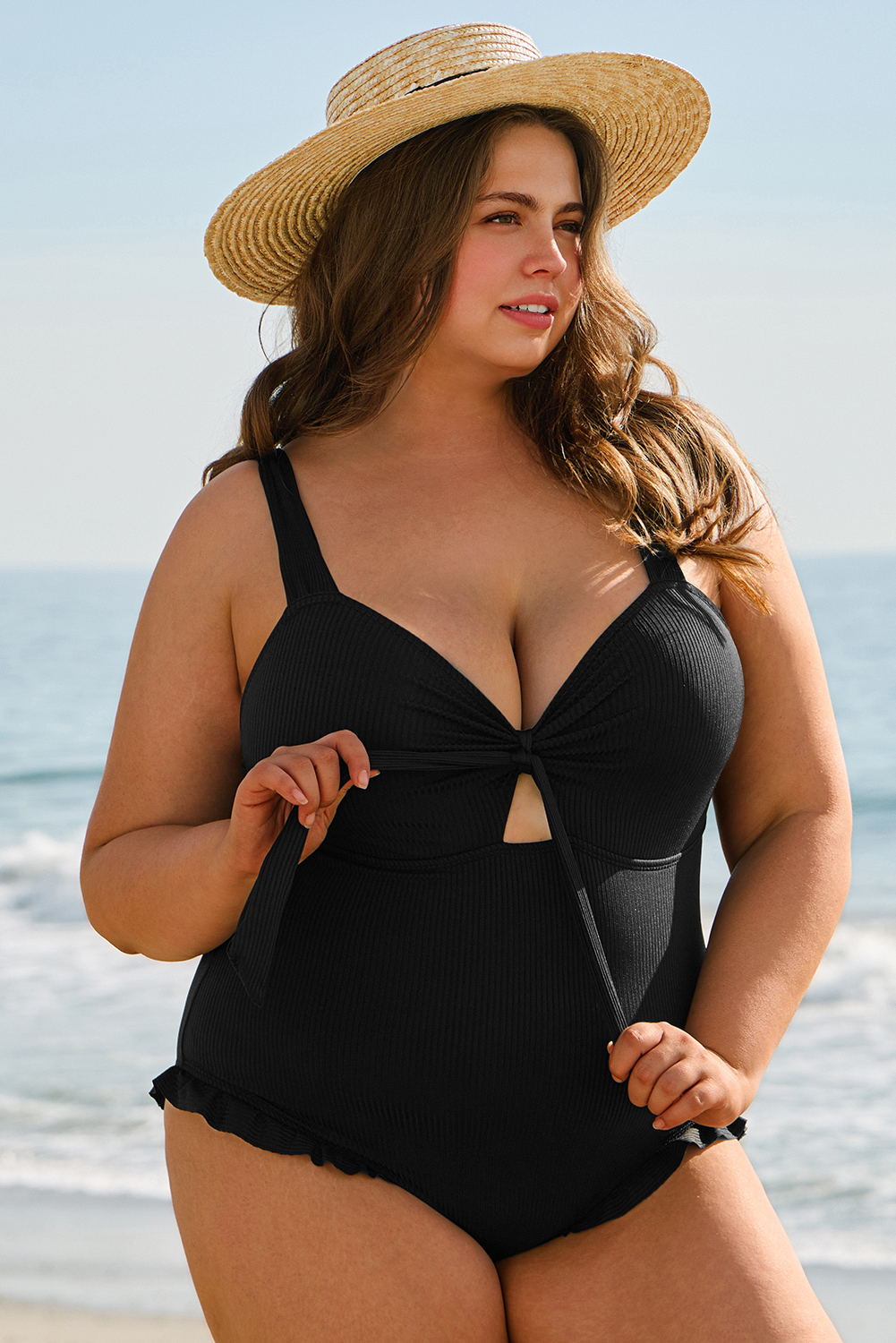 Plus Size Black  Textured Knotted Ruffled Trim One Piece Swimwear