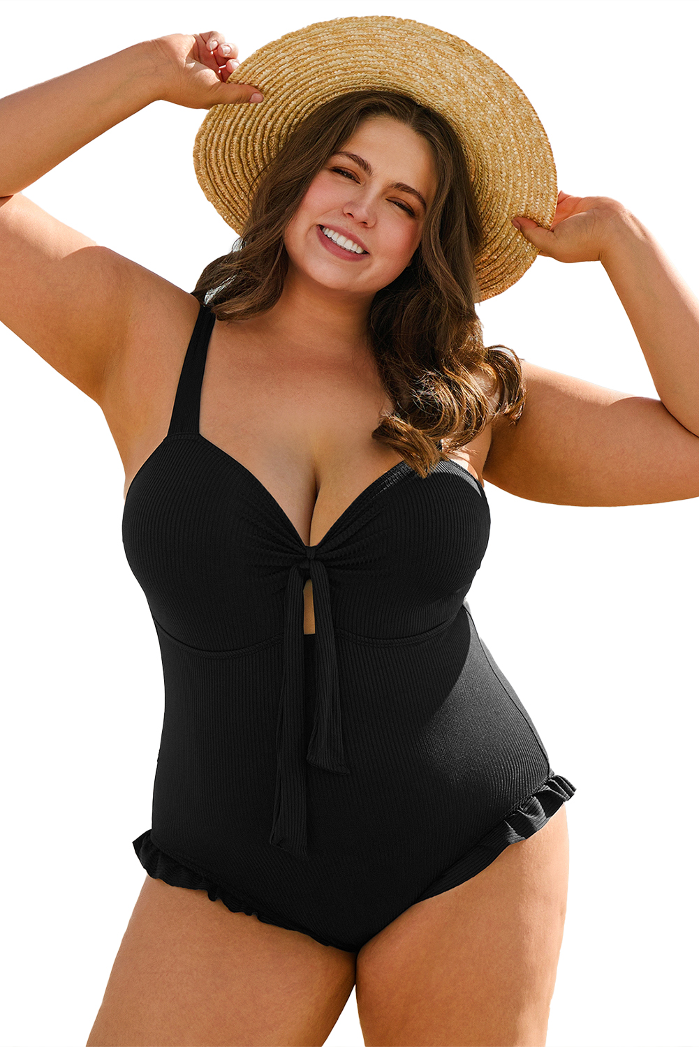 Plus Size Black  Textured Knotted Ruffled Trim One Piece Swimwear