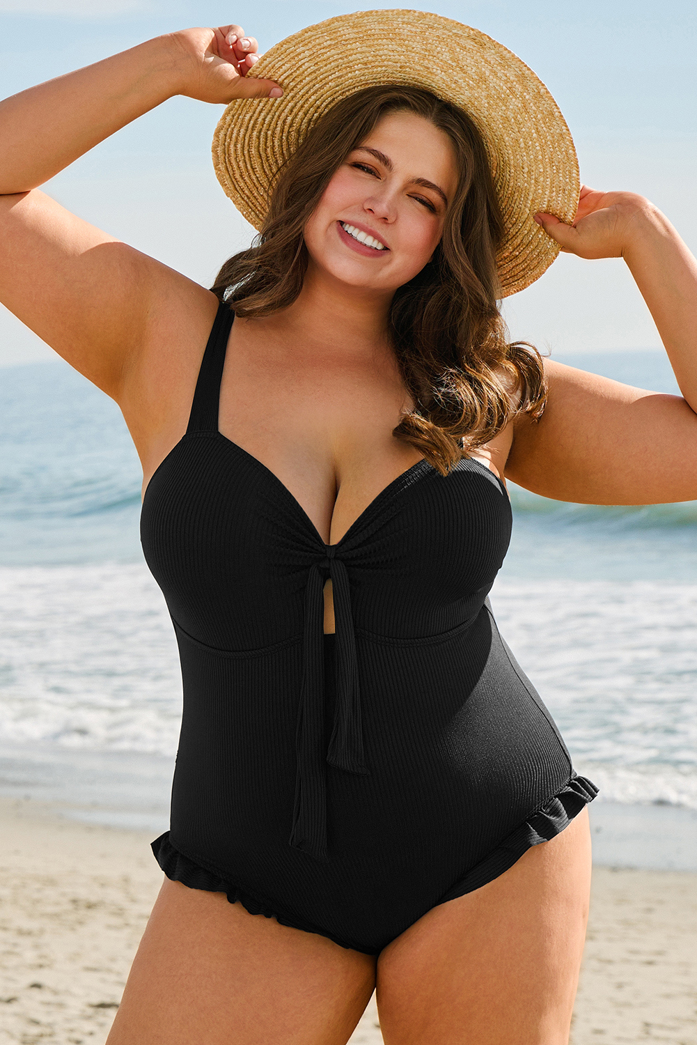 Plus Size Black Textured Knotted Ruffled Trim One Piece Swimwear