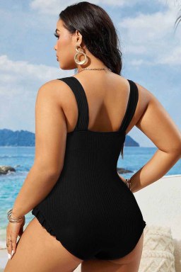 Plus Size Black  Textured Knotted Ruffled Trim One Piece Swimwear