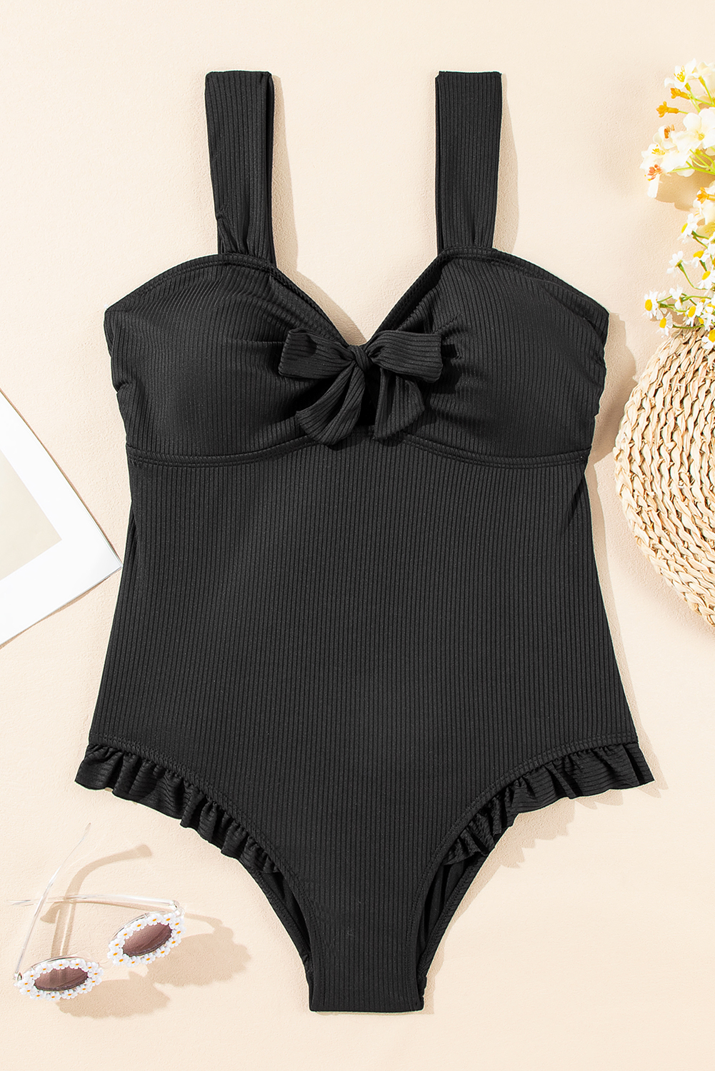 Plus Size Black  Textured Knotted Ruffled Trim One Piece Swimwear