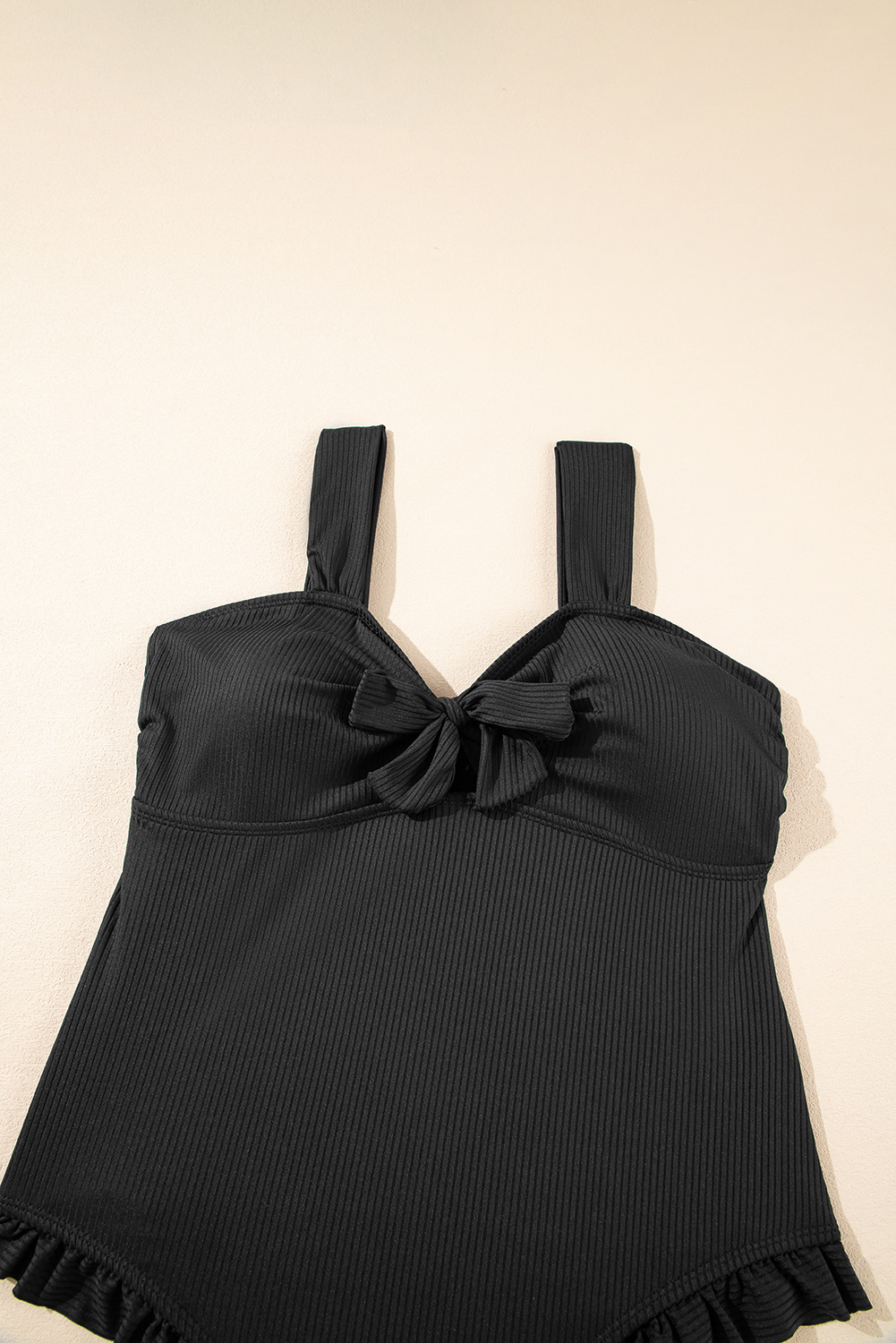 Plus Size Black  Textured Knotted Ruffled Trim One Piece Swimwear