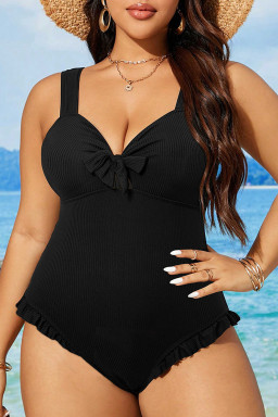 Plus Size Black  Textured Knotted Ruffled Trim One Piece Swimwear