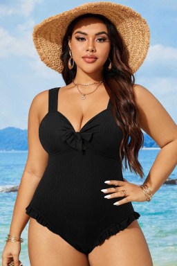 Plus Size Black  Textured Knotted Ruffled Trim One Piece Swimwear
