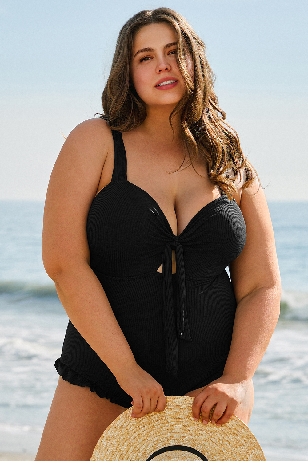 Plus Size Black  Textured Knotted Ruffled Trim One Piece Swimwear