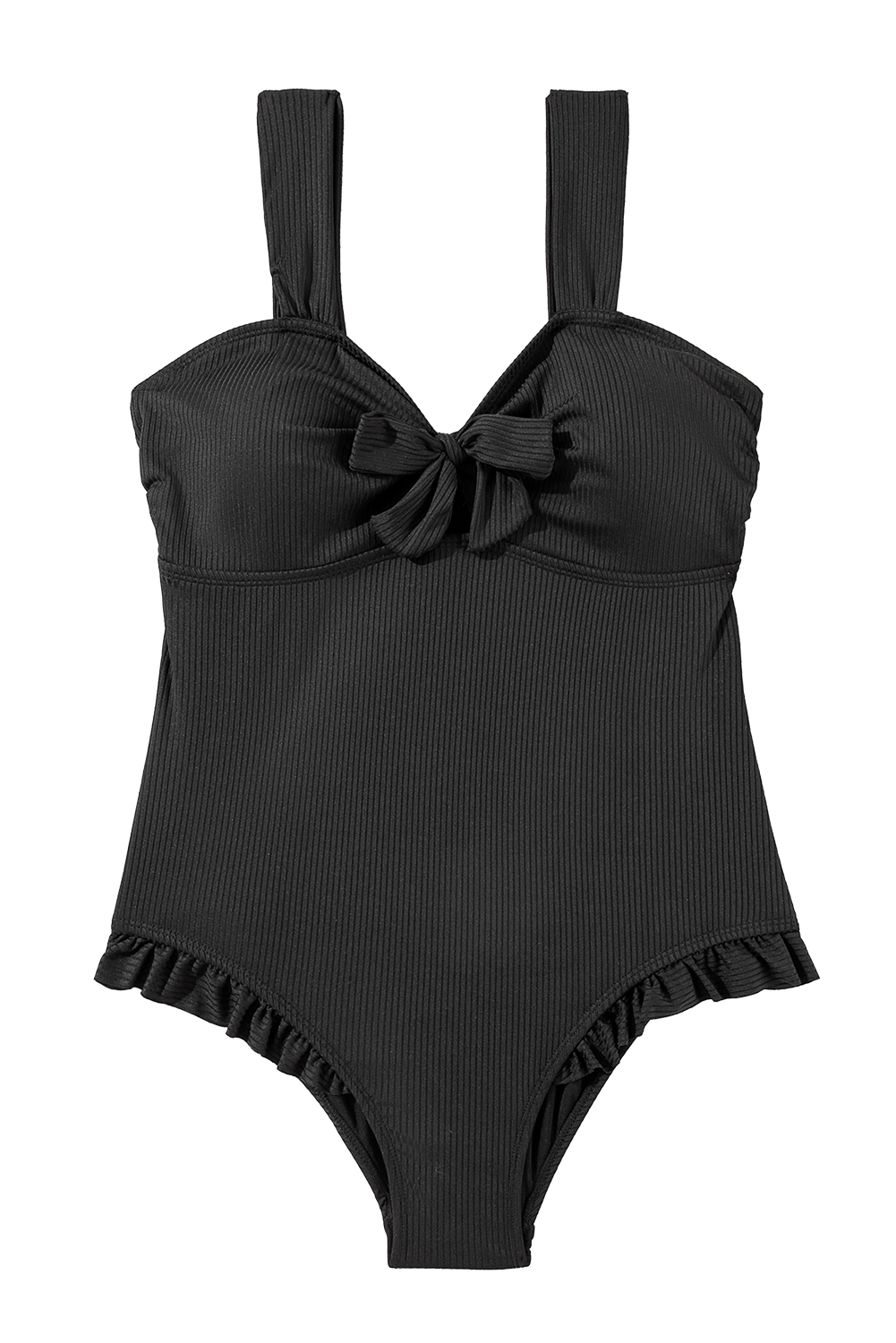 Plus Size Black  Textured Knotted Ruffled Trim One Piece Swimwear