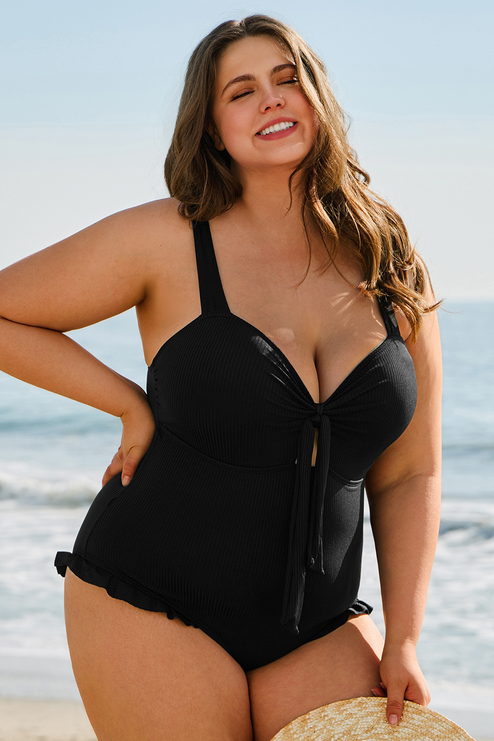 Plus Size Black  Textured Knotted Ruffled Trim One Piece Swimwear