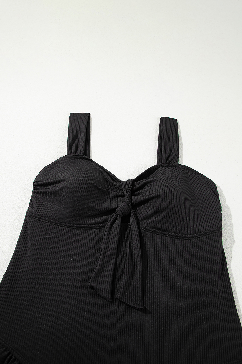 Plus Size Black  Textured Knotted Ruffled Trim One Piece Swimwear