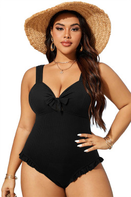 Plus Size Black  Textured Knotted Ruffled Trim One Piece Swimwear