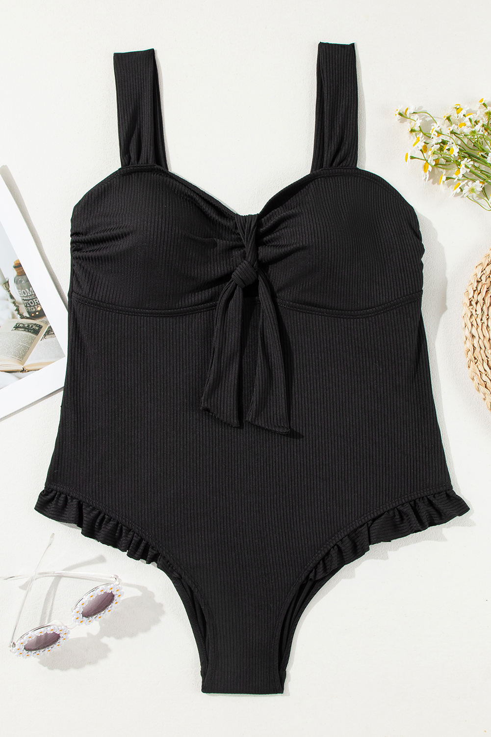Plus Size Black  Textured Knotted Ruffled Trim One Piece Swimwear