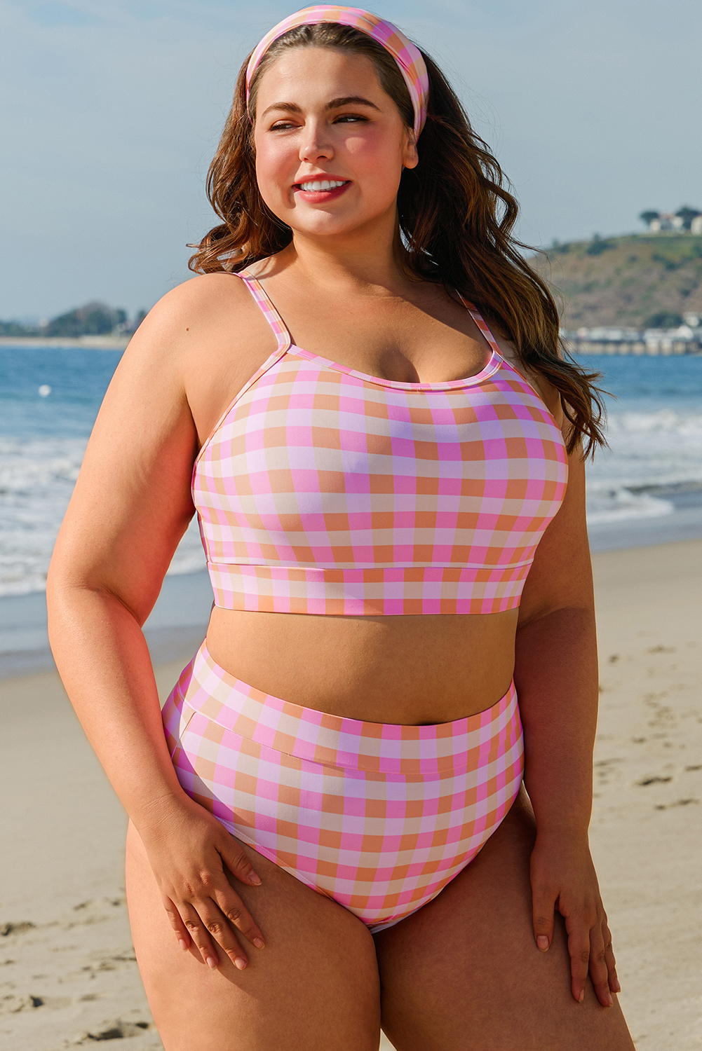 Plus Size Pink  Plaid Print High Waist Bikini Set