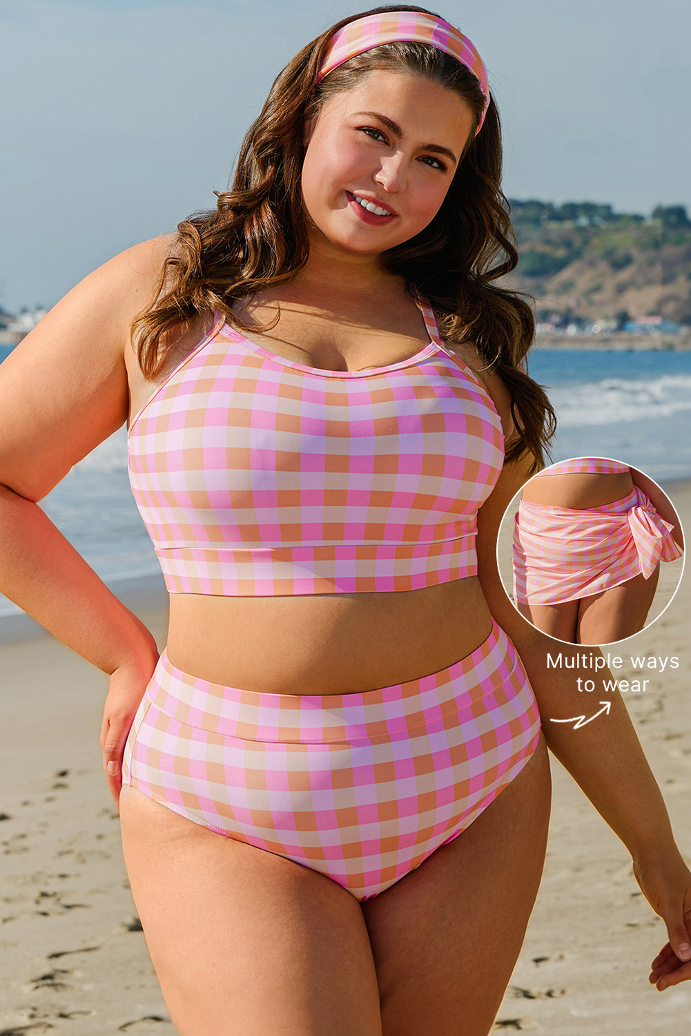 Plus Size Pink  Plaid Print High Waist Bikini Set