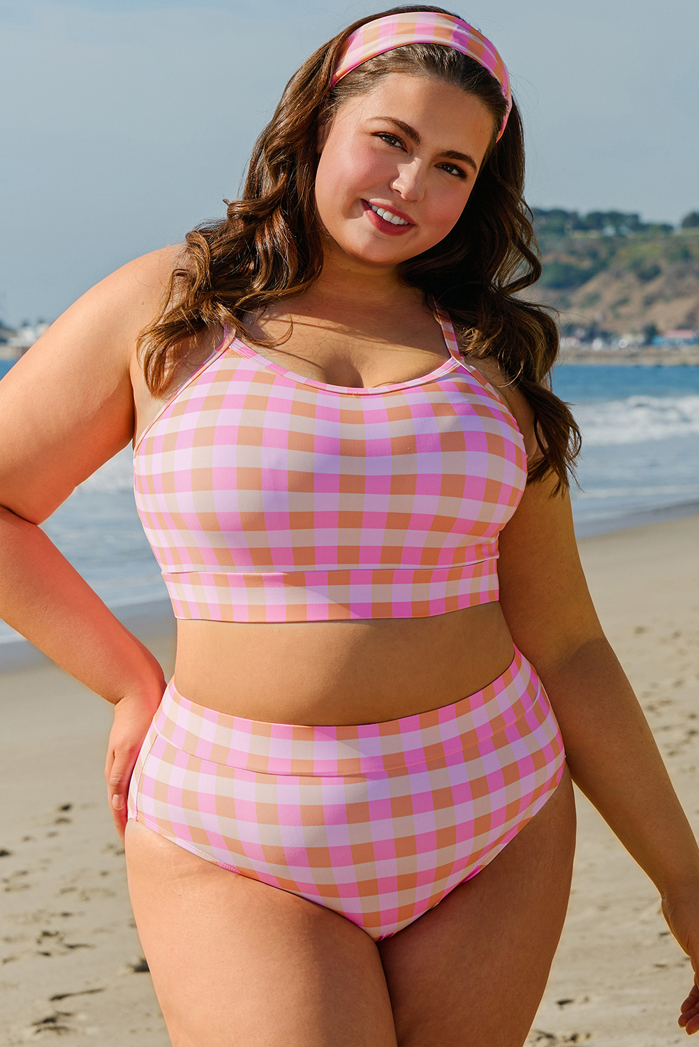 Plus Size Pink Plaid Print High Waist Bikini Set