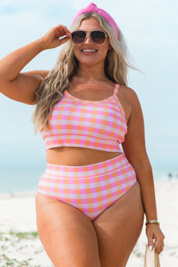 Plus Size Pink  Plaid Print High Waist Bikini Set