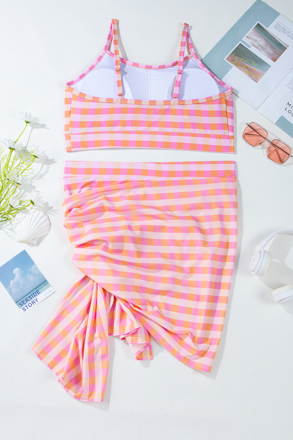 Plus Size Pink  Plaid Print High Waist Bikini Set